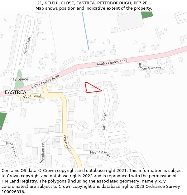 21, KELFUL CLOSE, EASTREA, PETERBOROUGH, PE7 2EL: Location map and indicative extent of plot