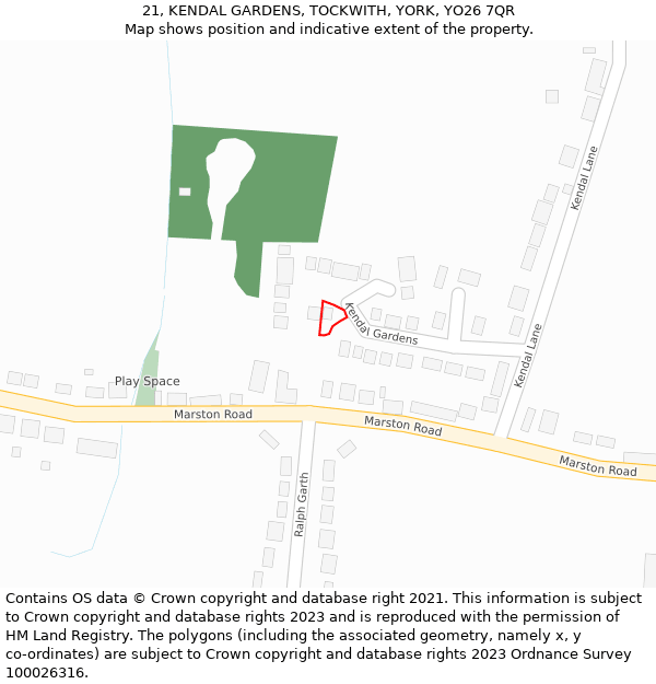 21, KENDAL GARDENS, TOCKWITH, YORK, YO26 7QR: Location map and indicative extent of plot