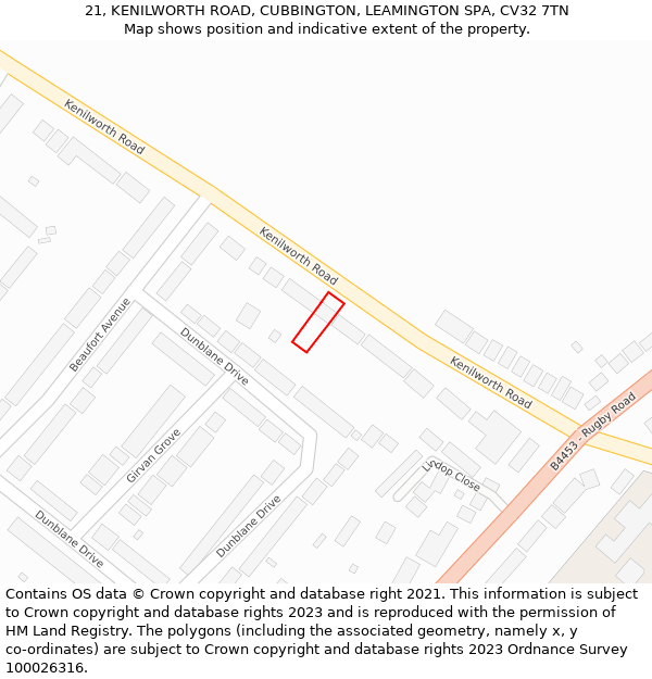 21, KENILWORTH ROAD, CUBBINGTON, LEAMINGTON SPA, CV32 7TN: Location map and indicative extent of plot