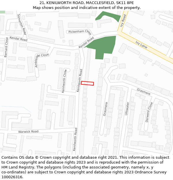 21, KENILWORTH ROAD, MACCLESFIELD, SK11 8PE: Location map and indicative extent of plot