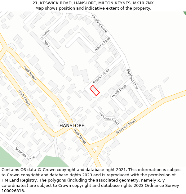 21, KESWICK ROAD, HANSLOPE, MILTON KEYNES, MK19 7NX: Location map and indicative extent of plot