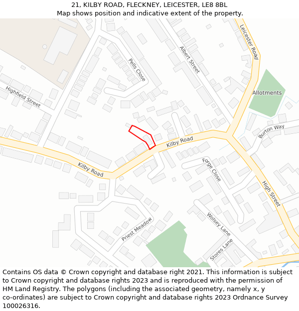 21, KILBY ROAD, FLECKNEY, LEICESTER, LE8 8BL: Location map and indicative extent of plot