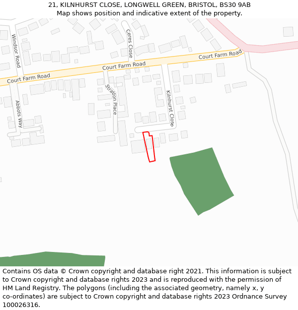 21, KILNHURST CLOSE, LONGWELL GREEN, BRISTOL, BS30 9AB: Location map and indicative extent of plot