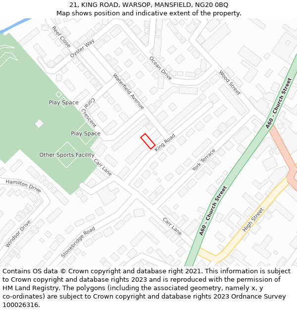 21, KING ROAD, WARSOP, MANSFIELD, NG20 0BQ: Location map and indicative extent of plot