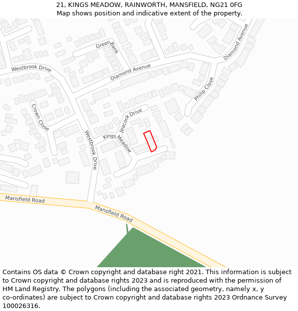 21, KINGS MEADOW, RAINWORTH, MANSFIELD, NG21 0FG: Location map and indicative extent of plot