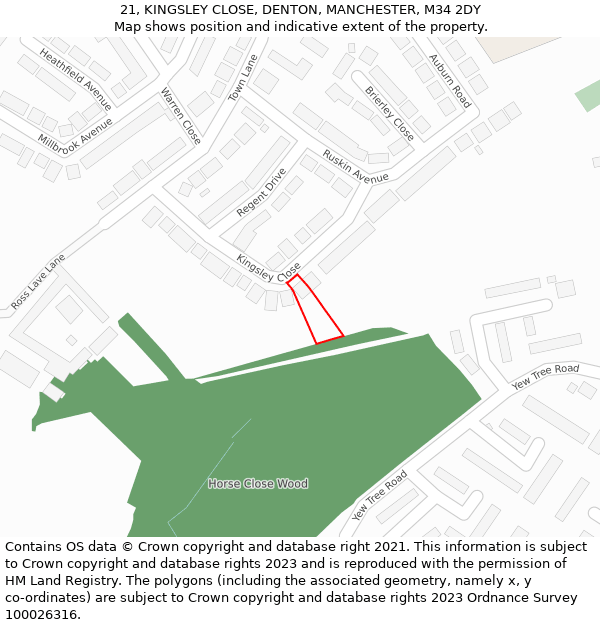 21, KINGSLEY CLOSE, DENTON, MANCHESTER, M34 2DY: Location map and indicative extent of plot