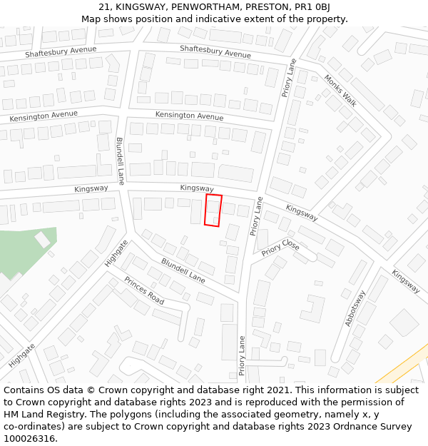 21, KINGSWAY, PENWORTHAM, PRESTON, PR1 0BJ: Location map and indicative extent of plot