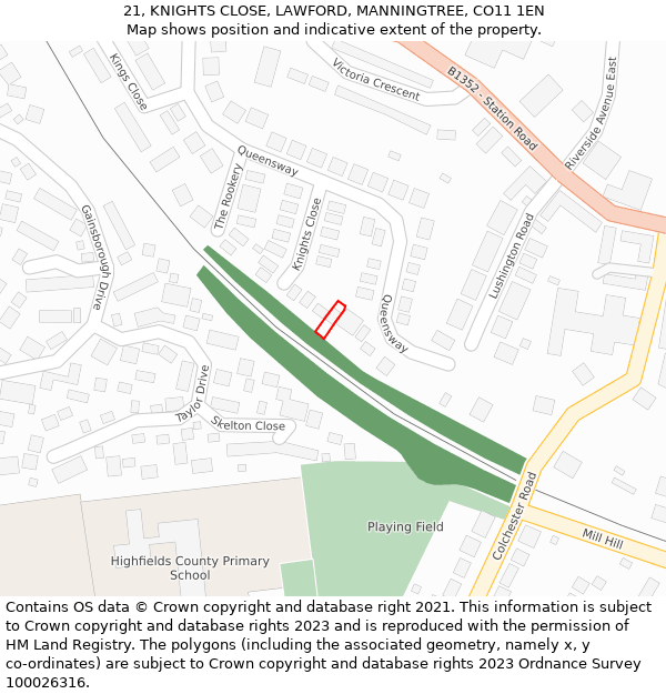 21, KNIGHTS CLOSE, LAWFORD, MANNINGTREE, CO11 1EN: Location map and indicative extent of plot