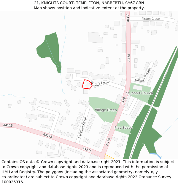 21, KNIGHTS COURT, TEMPLETON, NARBERTH, SA67 8BN: Location map and indicative extent of plot