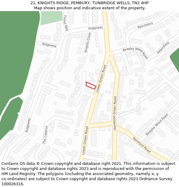 21, KNIGHTS RIDGE, PEMBURY, TUNBRIDGE WELLS, TN2 4HP: Location map and indicative extent of plot