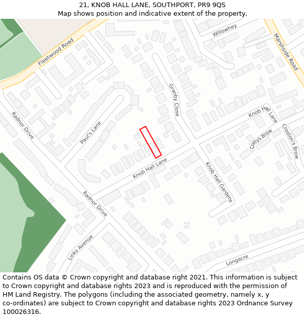 21, KNOB HALL LANE, SOUTHPORT, PR9 9QS: Location map and indicative extent of plot