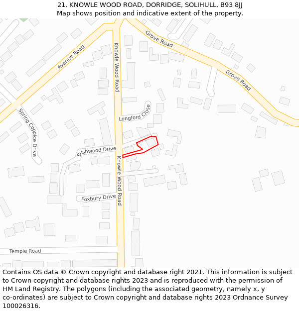 21, KNOWLE WOOD ROAD, DORRIDGE, SOLIHULL, B93 8JJ: Location map and indicative extent of plot