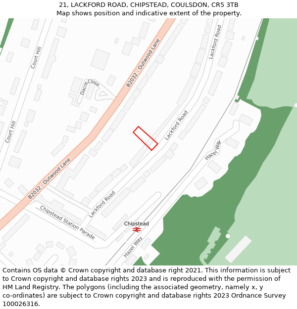 21, LACKFORD ROAD, CHIPSTEAD, COULSDON, CR5 3TB: Location map and indicative extent of plot