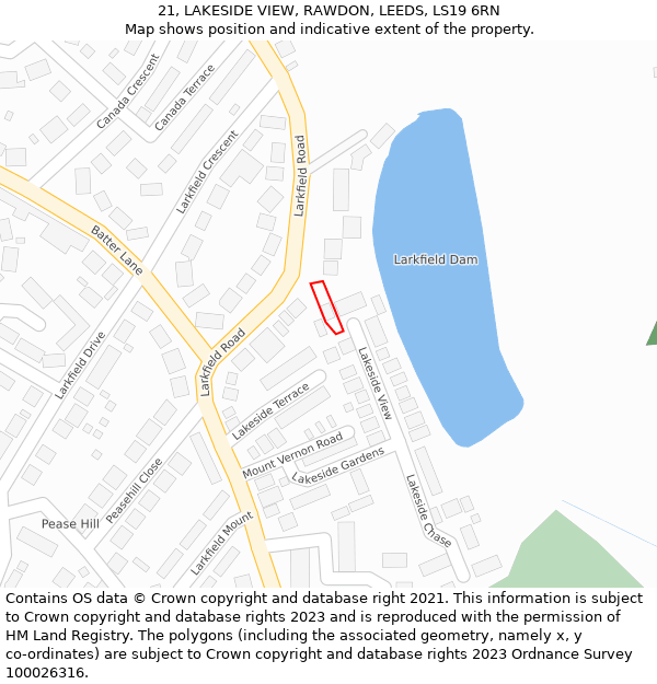 21, LAKESIDE VIEW, RAWDON, LEEDS, LS19 6RN: Location map and indicative extent of plot