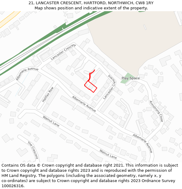 21, LANCASTER CRESCENT, HARTFORD, NORTHWICH, CW8 1RY: Location map and indicative extent of plot