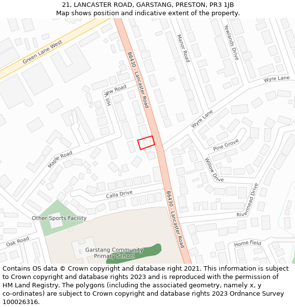 21, LANCASTER ROAD, GARSTANG, PRESTON, PR3 1JB: Location map and indicative extent of plot