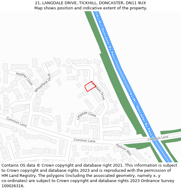 21, LANGDALE DRIVE, TICKHILL, DONCASTER, DN11 9UX: Location map and indicative extent of plot