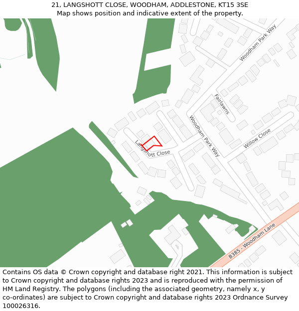 21, LANGSHOTT CLOSE, WOODHAM, ADDLESTONE, KT15 3SE: Location map and indicative extent of plot