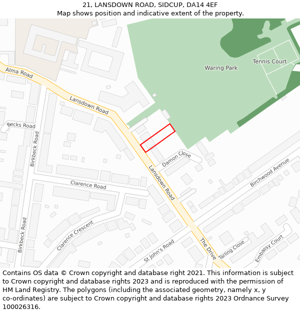 21, LANSDOWN ROAD, SIDCUP, DA14 4EF: Location map and indicative extent of plot