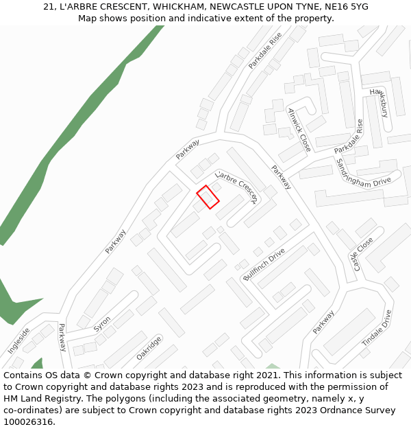 21, L'ARBRE CRESCENT, WHICKHAM, NEWCASTLE UPON TYNE, NE16 5YG: Location map and indicative extent of plot