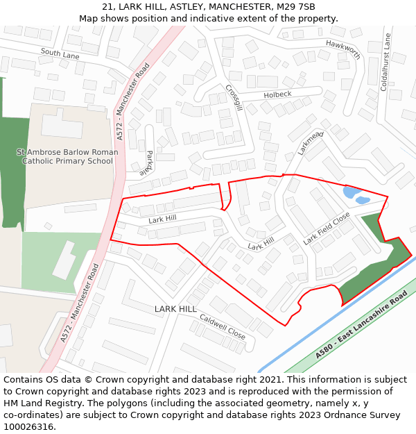 21, LARK HILL, ASTLEY, MANCHESTER, M29 7SB: Location map and indicative extent of plot