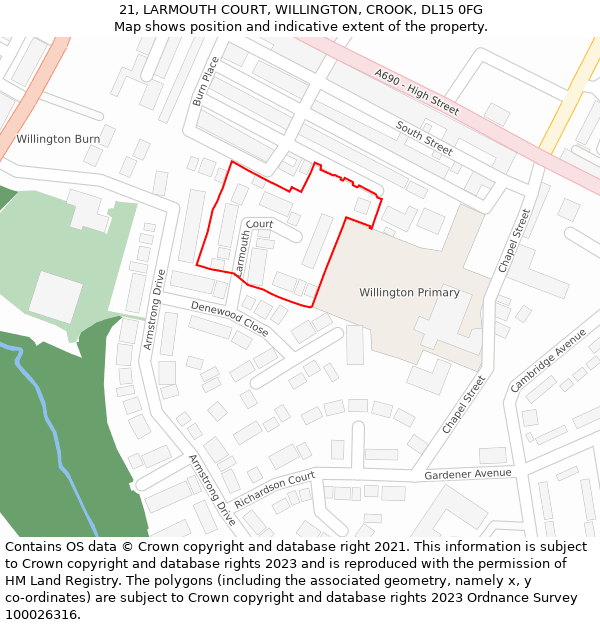 21, LARMOUTH COURT, WILLINGTON, CROOK, DL15 0FG: Location map and indicative extent of plot