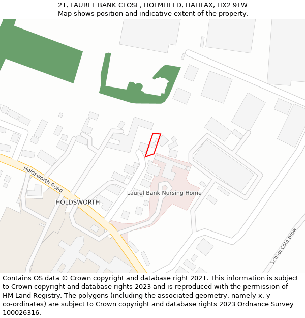 21, LAUREL BANK CLOSE, HOLMFIELD, HALIFAX, HX2 9TW: Location map and indicative extent of plot