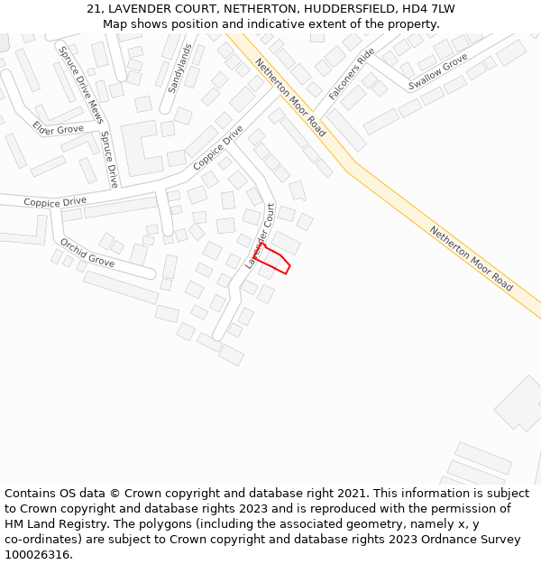 21, LAVENDER COURT, NETHERTON, HUDDERSFIELD, HD4 7LW: Location map and indicative extent of plot