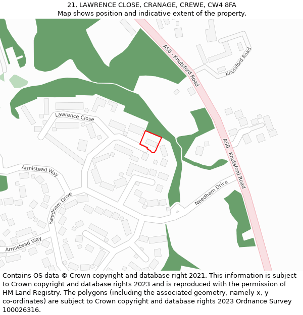 21, LAWRENCE CLOSE, CRANAGE, CREWE, CW4 8FA: Location map and indicative extent of plot