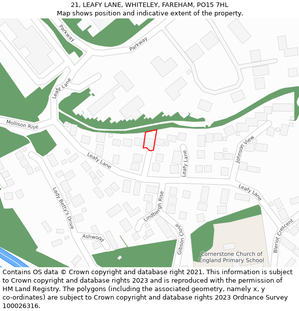 21, LEAFY LANE, WHITELEY, FAREHAM, PO15 7HL: Location map and indicative extent of plot