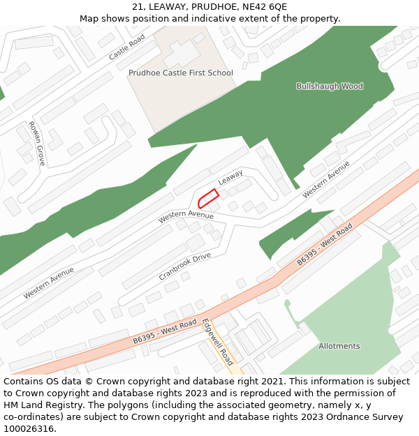 21, LEAWAY, PRUDHOE, NE42 6QE: Location map and indicative extent of plot