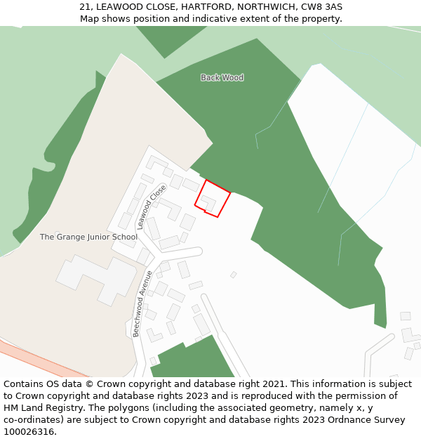 21, LEAWOOD CLOSE, HARTFORD, NORTHWICH, CW8 3AS: Location map and indicative extent of plot