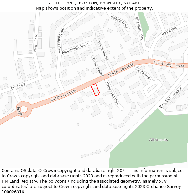 21, LEE LANE, ROYSTON, BARNSLEY, S71 4RT: Location map and indicative extent of plot