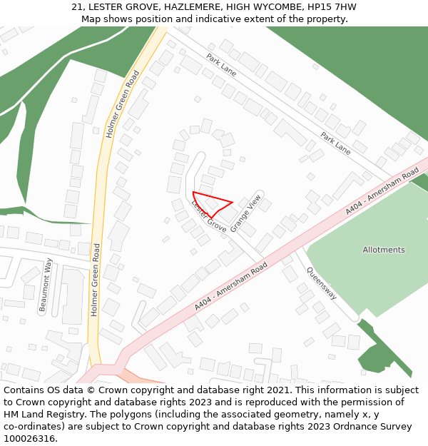 21, LESTER GROVE, HAZLEMERE, HIGH WYCOMBE, HP15 7HW: Location map and indicative extent of plot