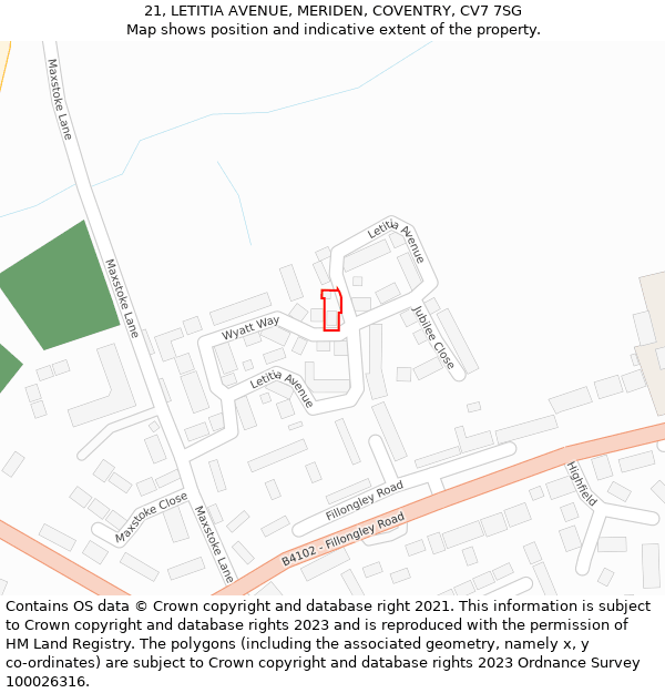 21, LETITIA AVENUE, MERIDEN, COVENTRY, CV7 7SG: Location map and indicative extent of plot