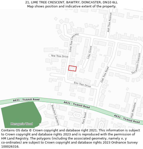 21, LIME TREE CRESCENT, BAWTRY, DONCASTER, DN10 6LL: Location map and indicative extent of plot