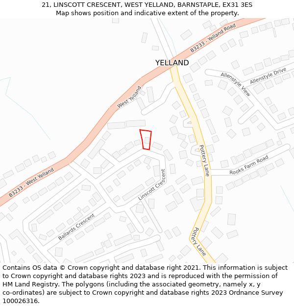 21, LINSCOTT CRESCENT, WEST YELLAND, BARNSTAPLE, EX31 3ES: Location map and indicative extent of plot