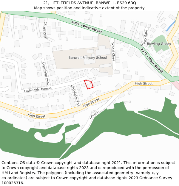 21, LITTLEFIELDS AVENUE, BANWELL, BS29 6BQ: Location map and indicative extent of plot