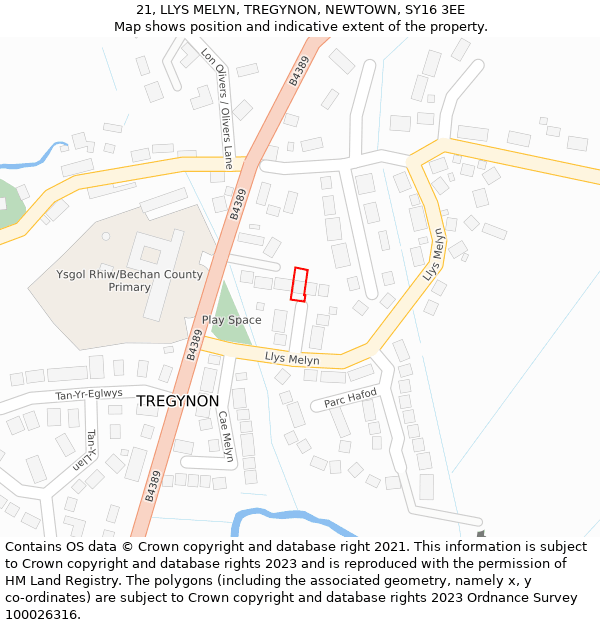 21, LLYS MELYN, TREGYNON, NEWTOWN, SY16 3EE: Location map and indicative extent of plot