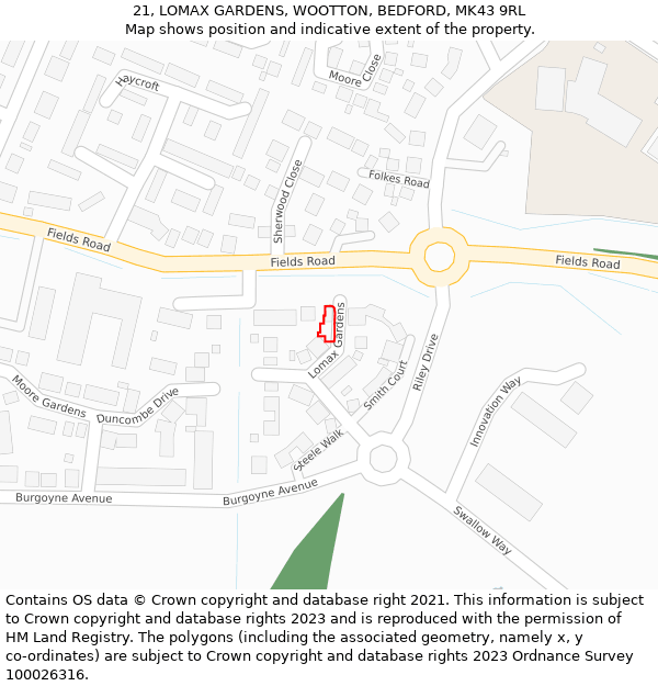 21, LOMAX GARDENS, WOOTTON, BEDFORD, MK43 9RL: Location map and indicative extent of plot