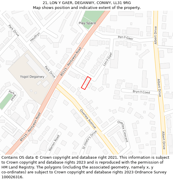 21, LON Y GAER, DEGANWY, CONWY, LL31 9RG: Location map and indicative extent of plot