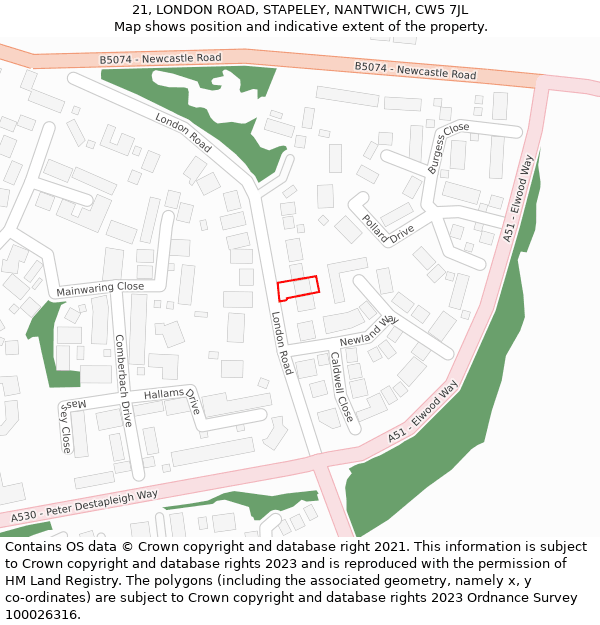 21, LONDON ROAD, STAPELEY, NANTWICH, CW5 7JL: Location map and indicative extent of plot