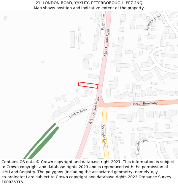 21, LONDON ROAD, YAXLEY, PETERBOROUGH, PE7 3NQ: Location map and indicative extent of plot