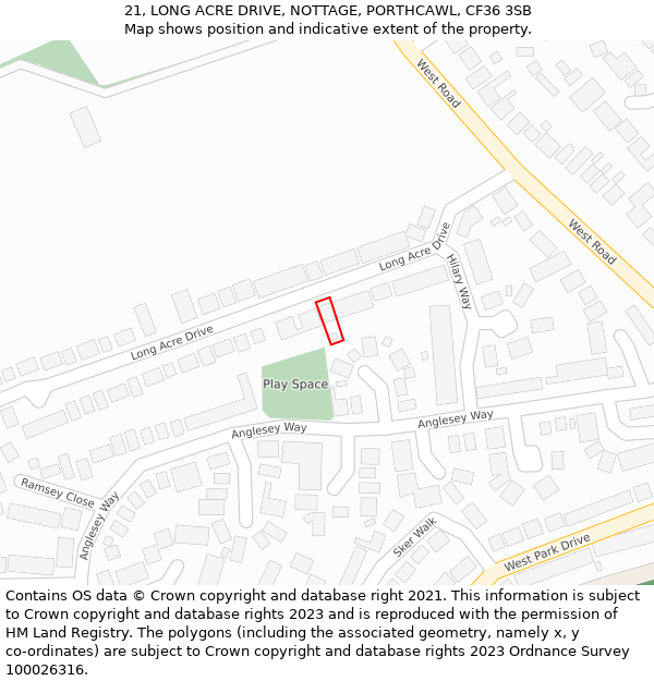 21, LONG ACRE DRIVE, NOTTAGE, PORTHCAWL, CF36 3SB: Location map and indicative extent of plot