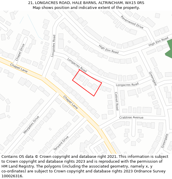 21, LONGACRES ROAD, HALE BARNS, ALTRINCHAM, WA15 0RS: Location map and indicative extent of plot
