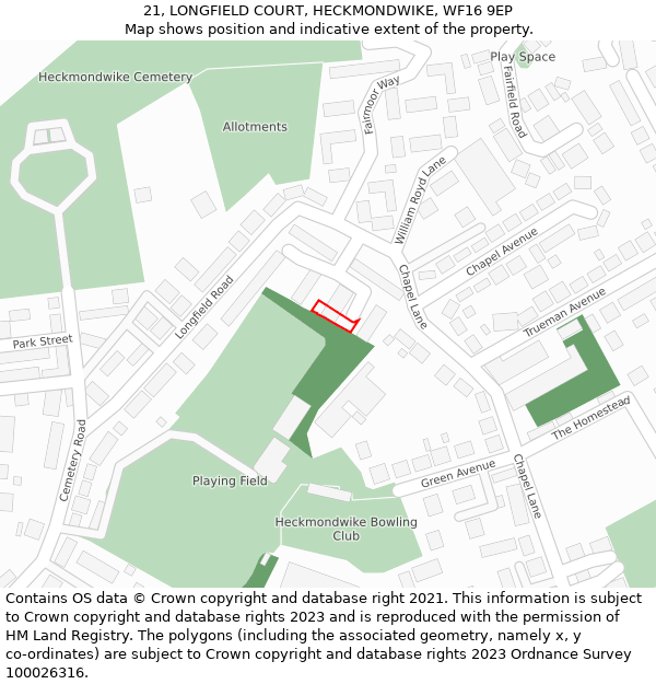 21, LONGFIELD COURT, HECKMONDWIKE, WF16 9EP: Location map and indicative extent of plot