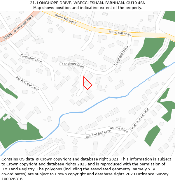 21, LONGHOPE DRIVE, WRECCLESHAM, FARNHAM, GU10 4SN: Location map and indicative extent of plot