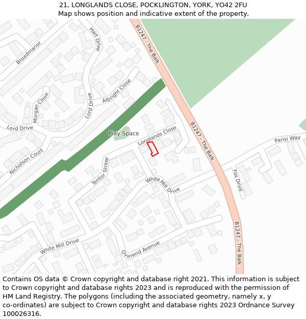 21, LONGLANDS CLOSE, POCKLINGTON, YORK, YO42 2FU: Location map and indicative extent of plot