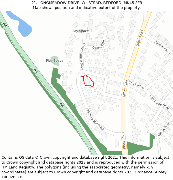 21, LONGMEADOW DRIVE, WILSTEAD, BEDFORD, MK45 3FB: Location map and indicative extent of plot