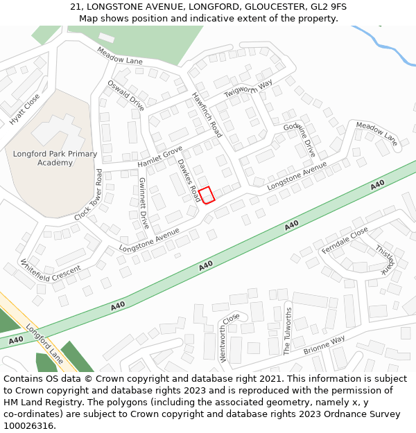 21, LONGSTONE AVENUE, LONGFORD, GLOUCESTER, GL2 9FS: Location map and indicative extent of plot